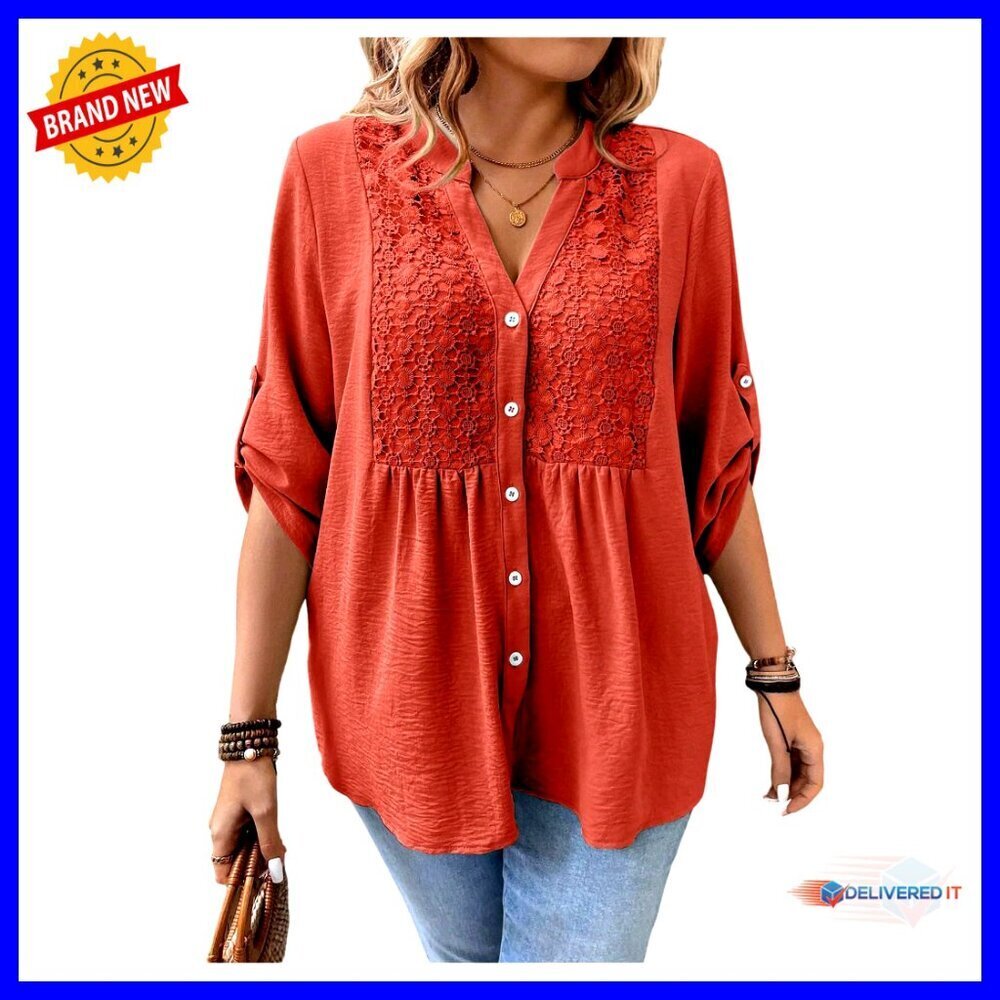 Plus Size Boho Floral Button Down Blouse 3/4 Sleeve Peplum Tunic Top
